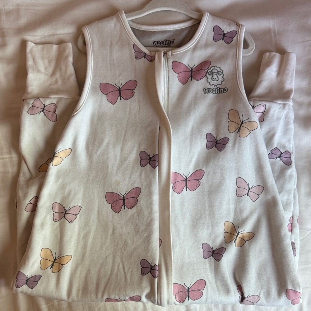 Woolino Kids Pajamas Sleep Sack - Pink and Cream Butterfly Design
